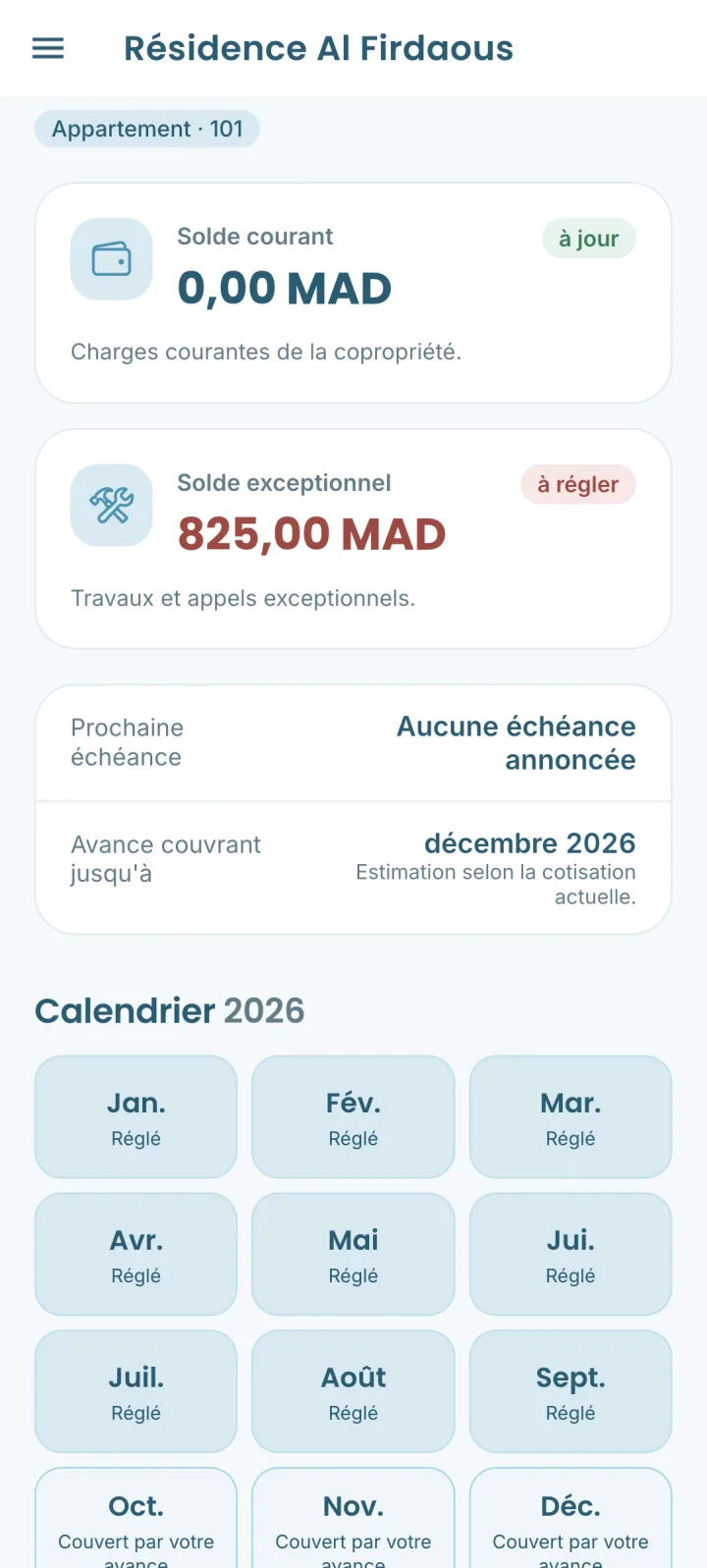 La même résidence vue par un copropriétaire sur son téléphone : son solde courant, son solde exceptionnel et son calendrier de cotisations
