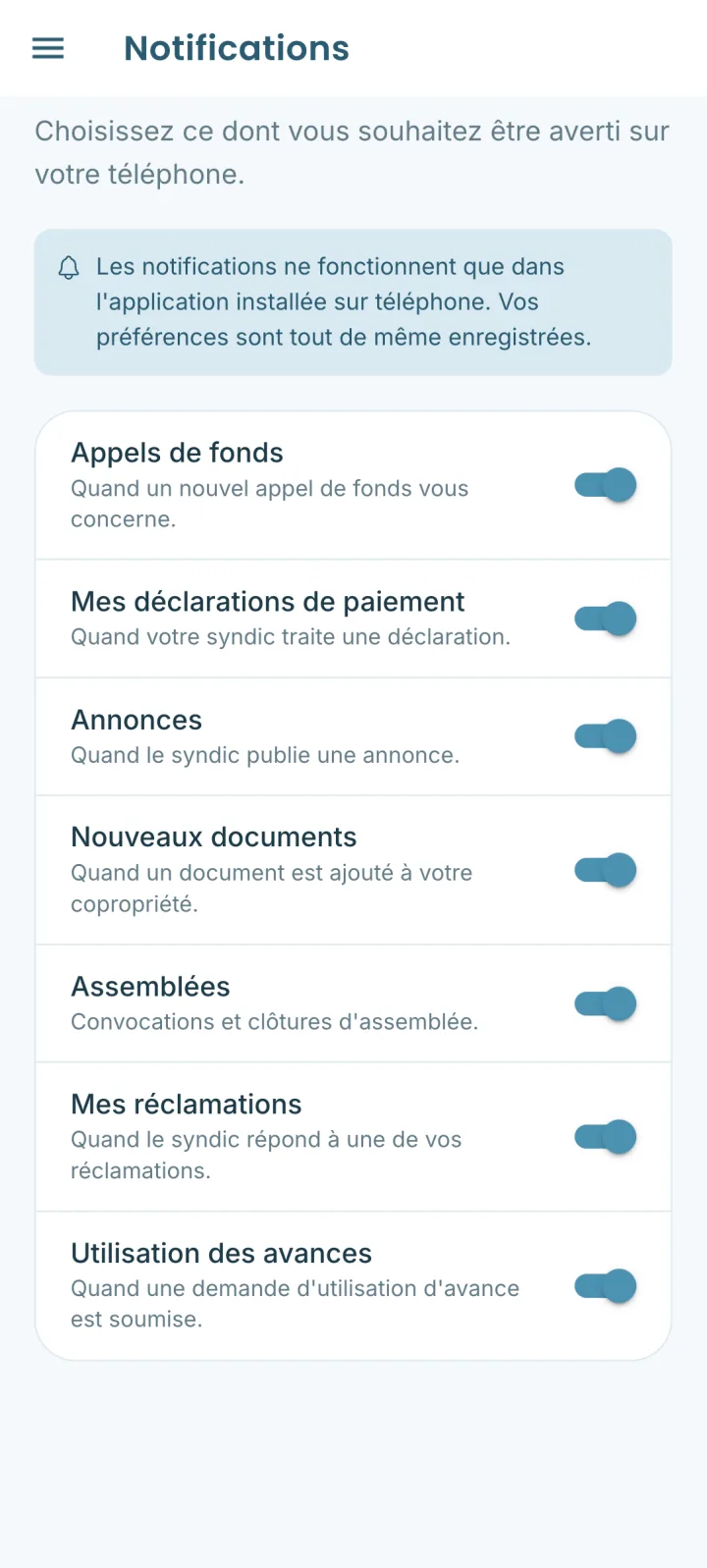 Écran des préférences de notification, par catégorie