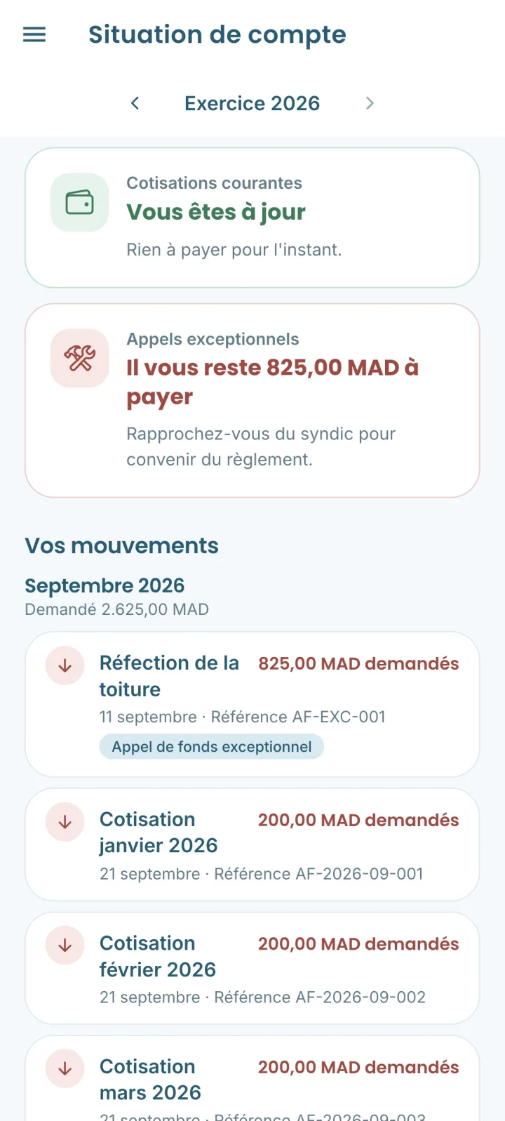 Écran de situation de compte : bandeaux de situation et liste des mouvements par mois