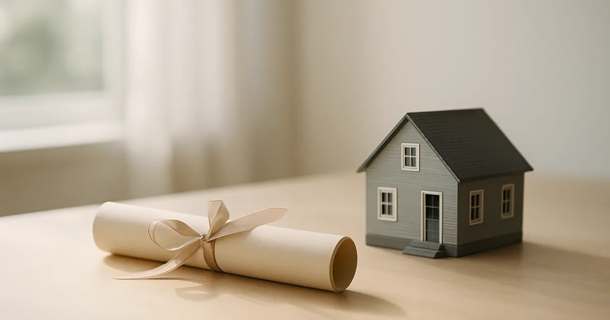 Document roulé à côté d'une maquette de maison