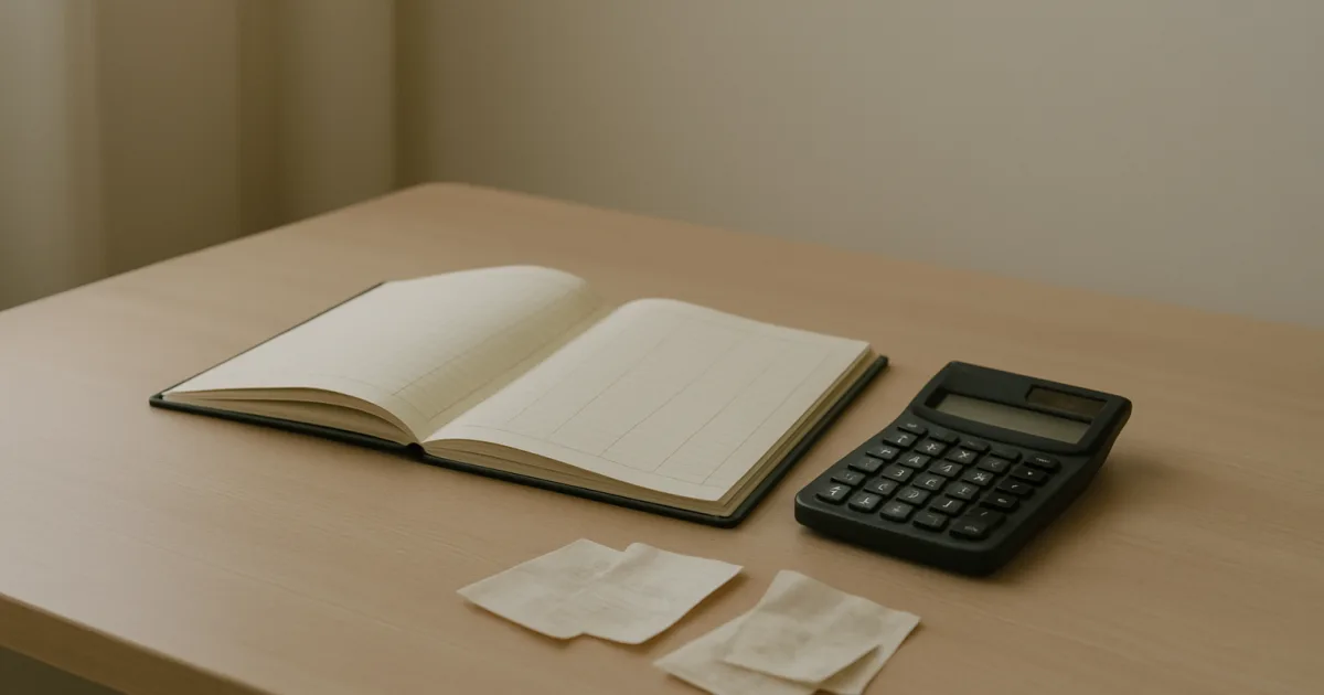Registre comptable, calculatrice et reçus sur un bureau