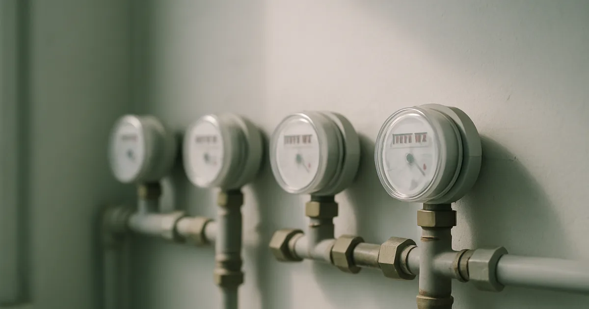Compteurs d'eau alignés dans un local technique
