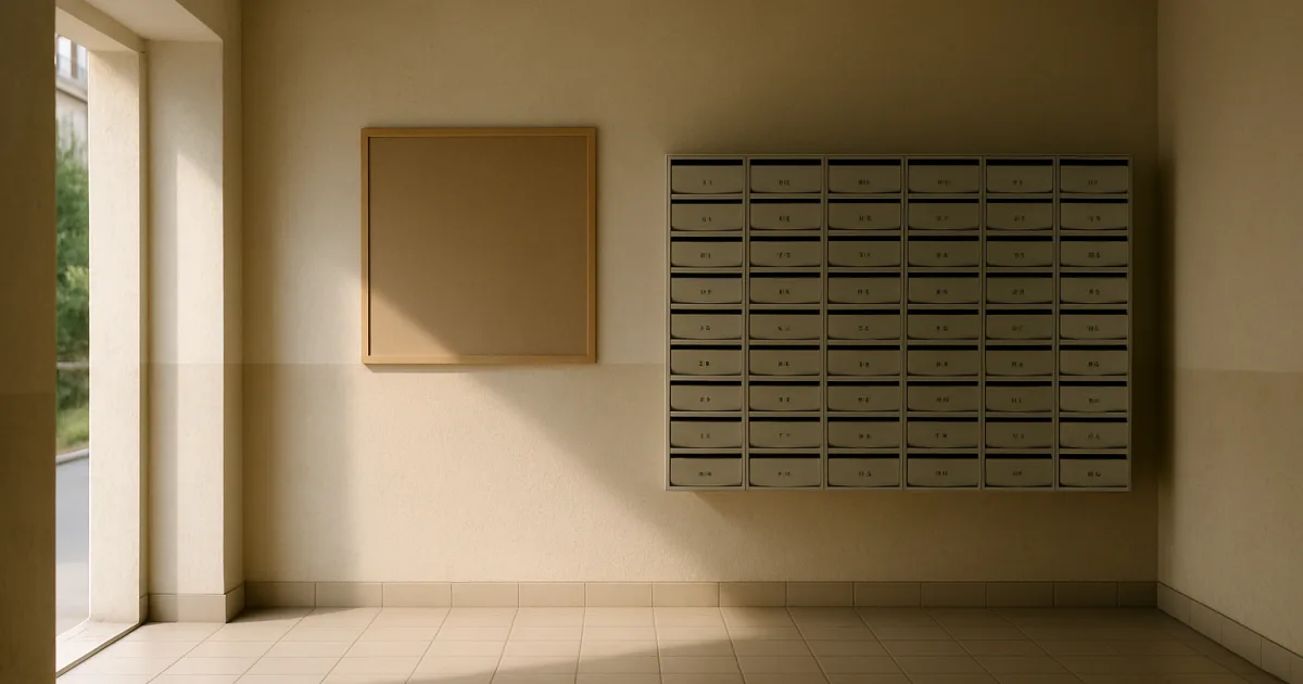 Hall d'immeuble avec boîtes aux lettres et tableau d'affichage
