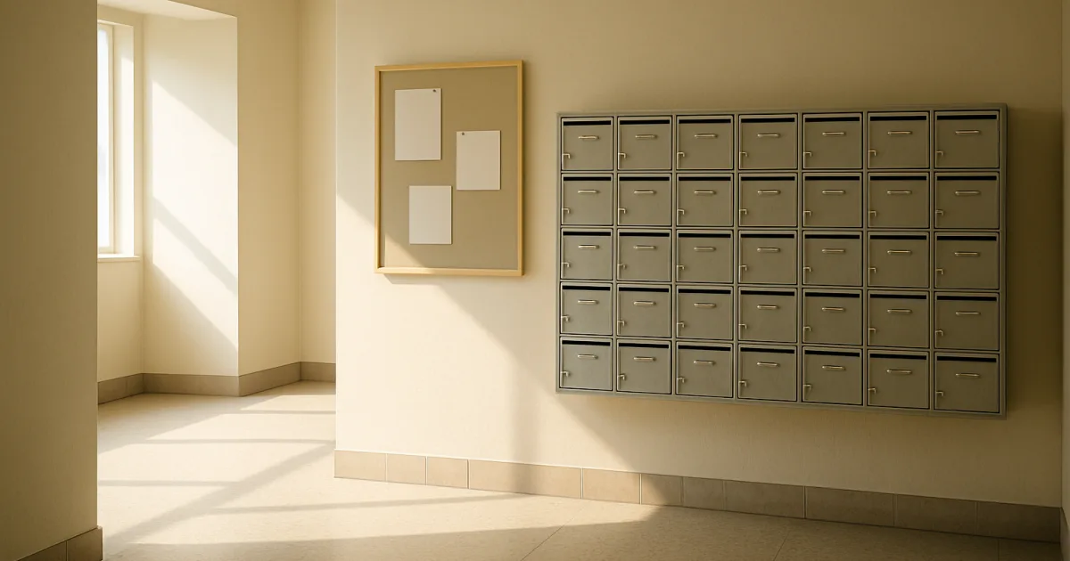 Hall d'immeuble avec boîtes aux lettres et tableau d'affichage