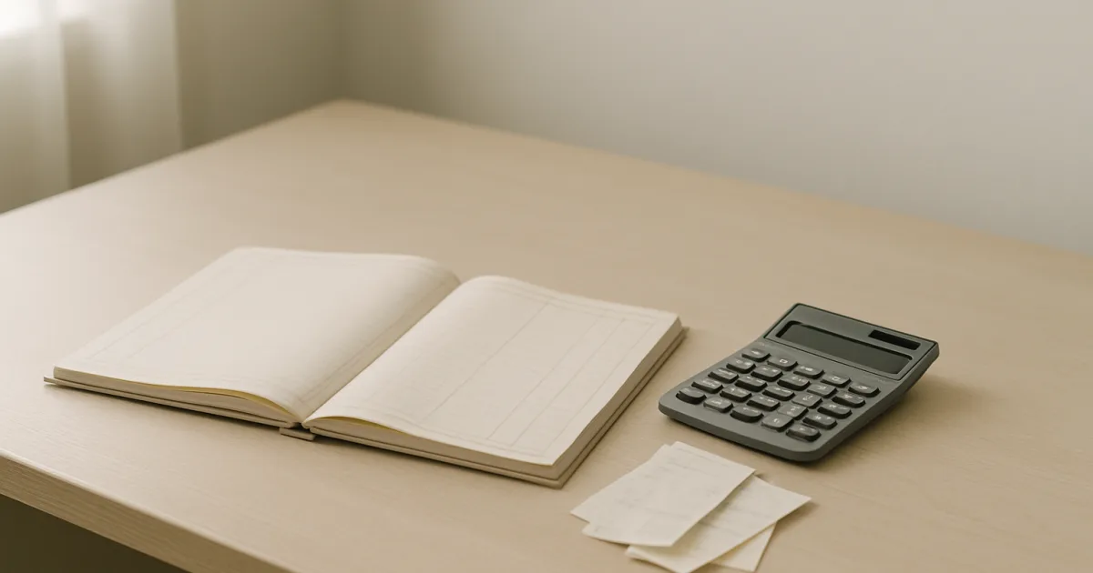 Registre comptable, calculatrice et reçus sur un bureau